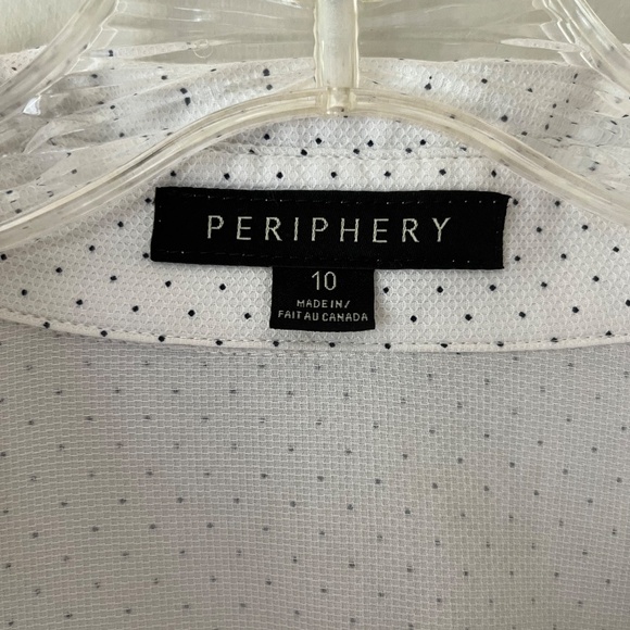 PERIPHERY Black Dotted Over White Sleeve Blouse High Low Hem Button Up Size 10 - Picture 2 of 9